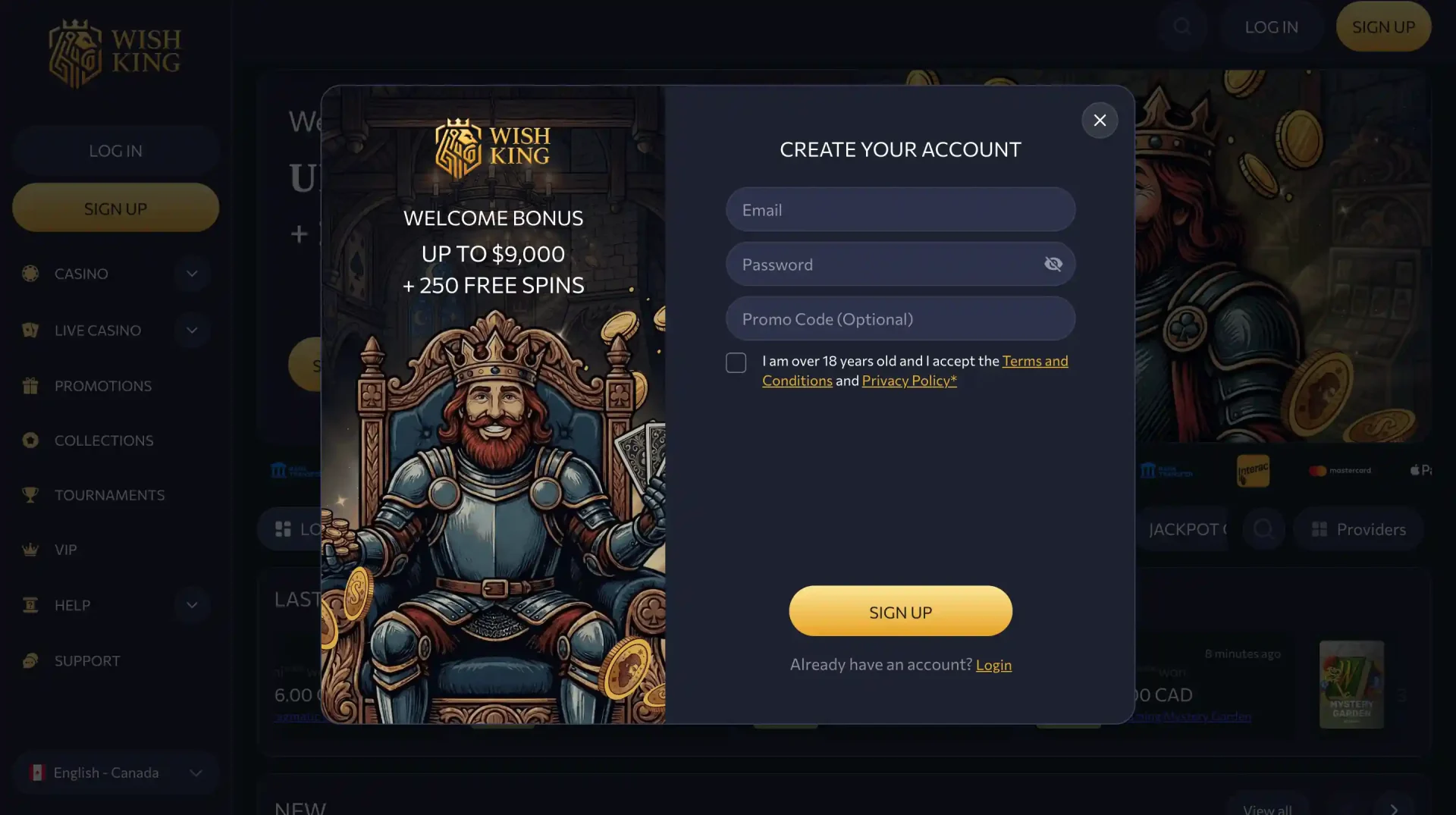 Wishking Casino Register